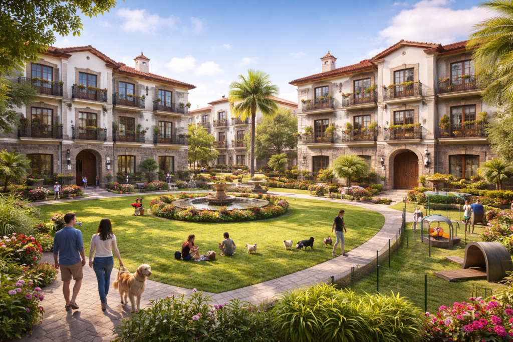 Departamentos estilo colonial moderno en Puebla con parque central pet friendly y áreas verdes.