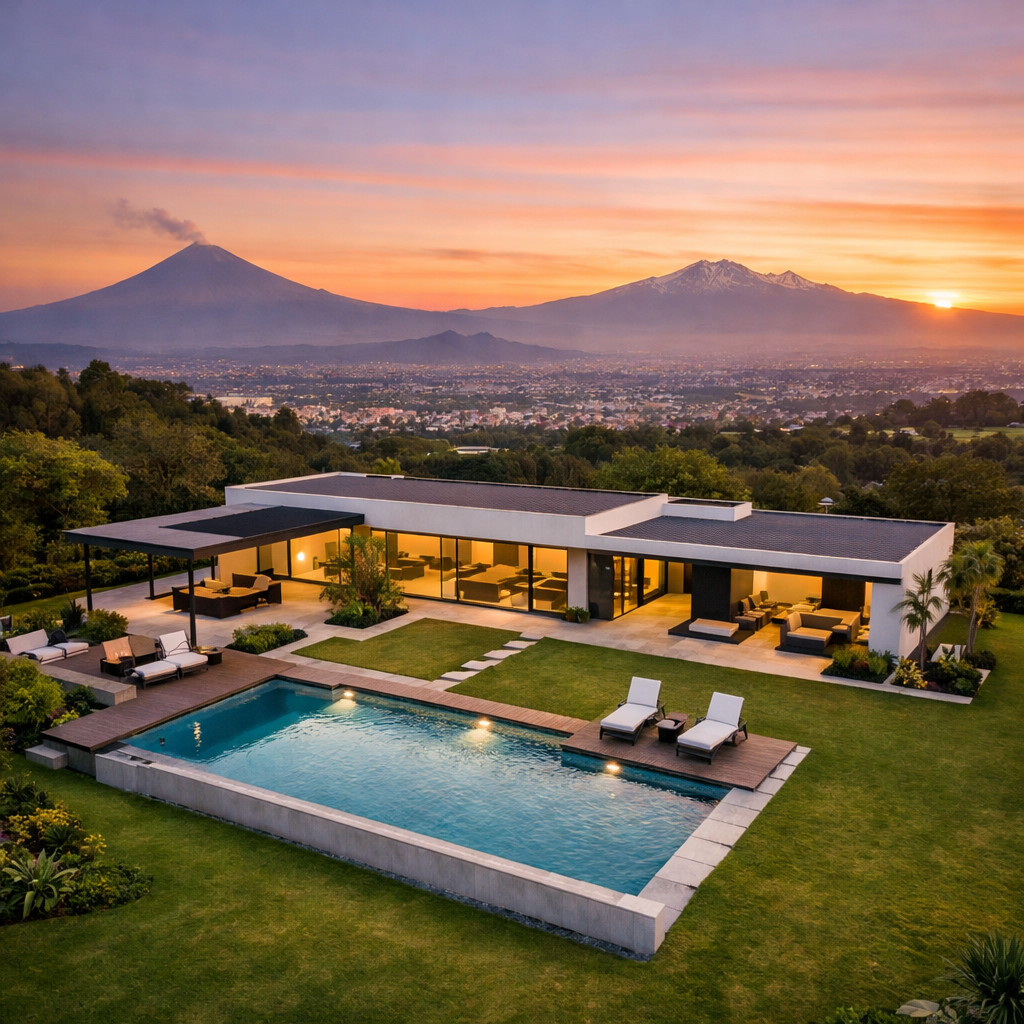Casa moderna minimalista de una planta con alberca y gran jardín vista aérea al atardecer en Puebla con paisaje natural.
