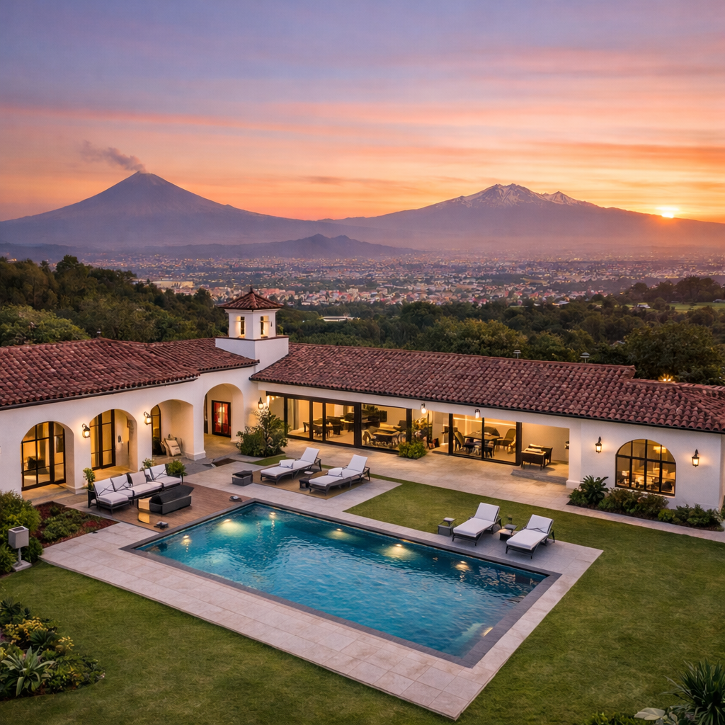 Rancho estilo colonial con detalles modernos, alberca y jardín amplio vista aérea al atardecer en Puebla con paisaje montañoso.