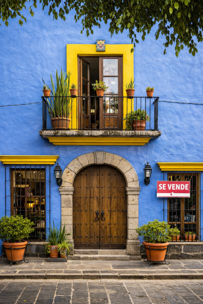 Casa colonial azul en venta en el centro de Puebla con balcón y arquitectura tradicional.